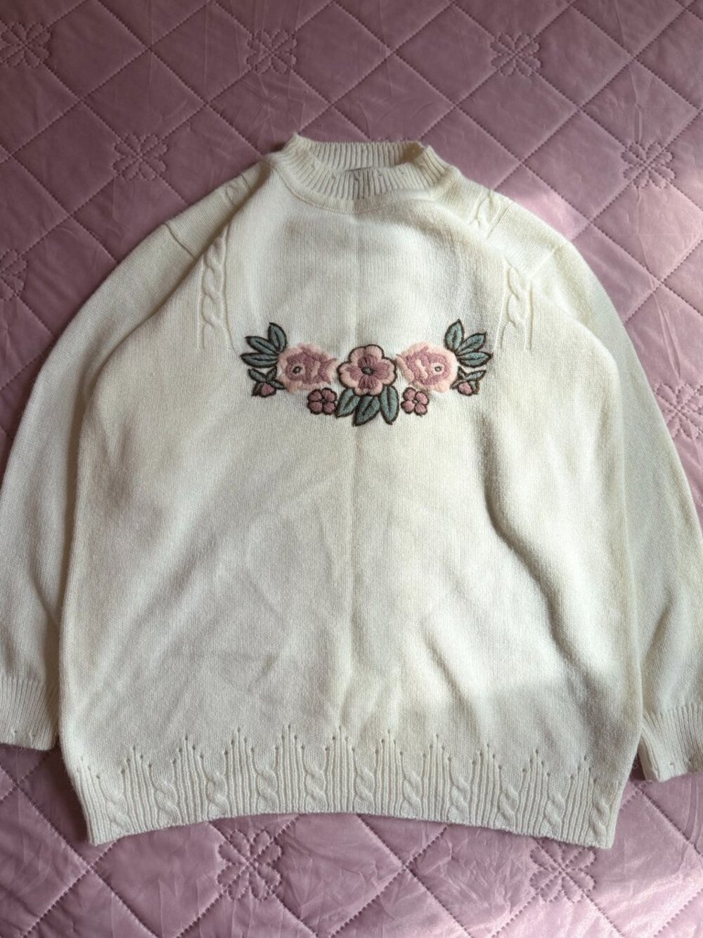 Vintage Cream Floral Embroidered Cable Knit Sweater